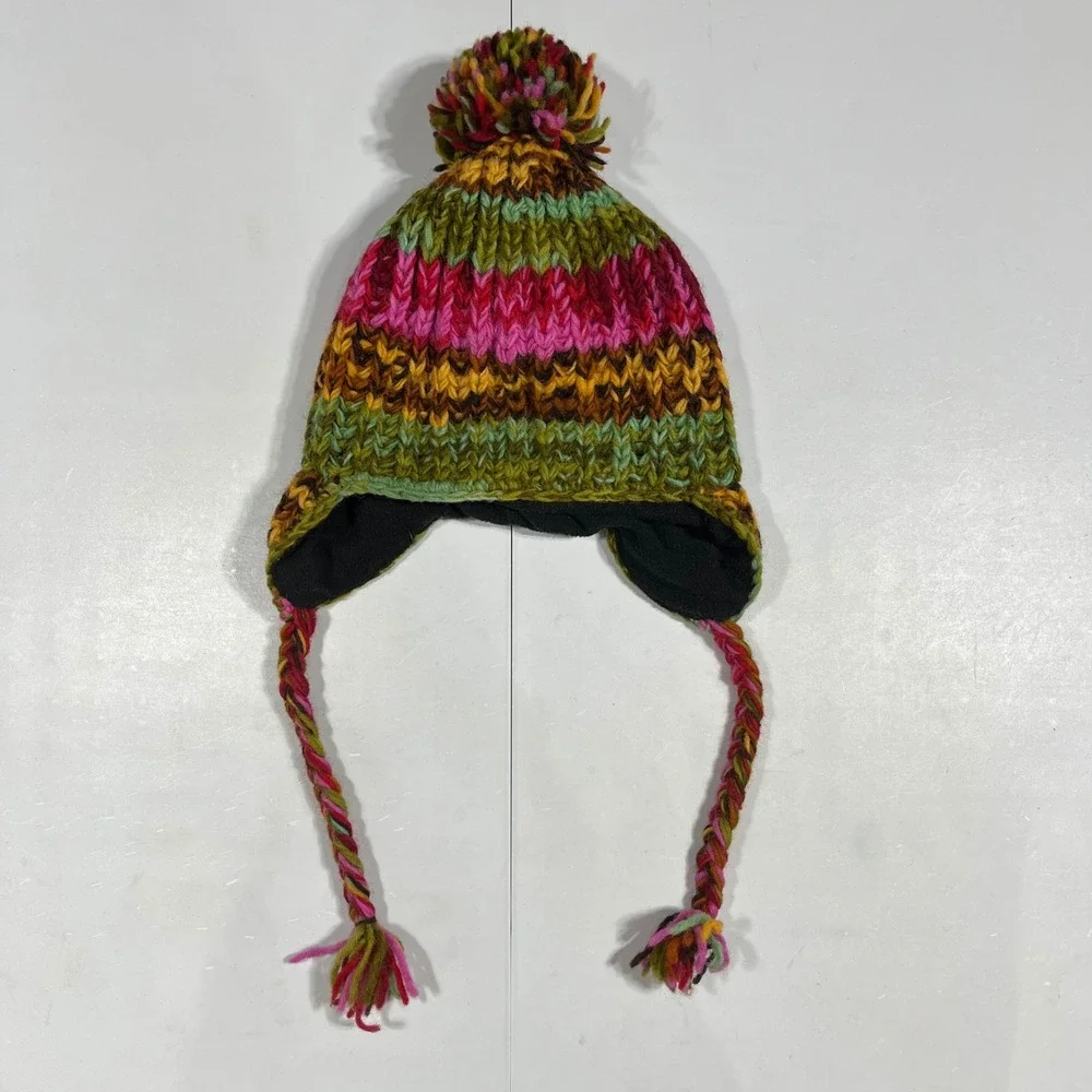 Kathmandu Imports Wool Earflap Granola Hat Fleece Lined Fair Isle Nordic OS